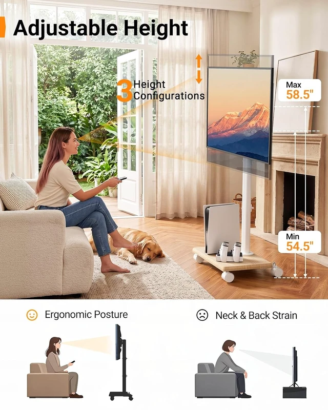 Alt view image 5 of 7 - Rolling TV Stand with Wheels for 32-60 Inch TVsWooden Base