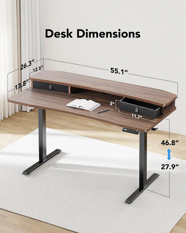 Alt view image 3 of 7 - 55" x 26" Electric Standing Desk with 2 Drawers, C-Clamp Mount Compatible, Height Adjustable Computer Desk, Home Office Stand Up Desk with 4 Preset Heights & 2 Hooks, Walnut