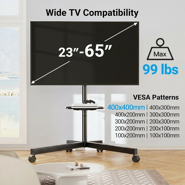 Alt view image 2 of 7 - Rolling TV Stand for 26-65 Inch TVs up to 88 lbs, Mobile Outdoor TV Stand with Shelf & Large Base, Tilt TV Stand with Wheels, Portable TV Cart for Bedroom, Max VESA 400x400mm, PSTVMC06B-B