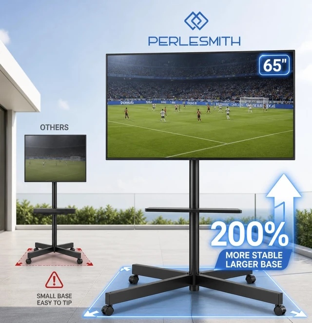 Alt view image 3 of 7 - Rolling TV Stand for 26-65 Inch TVs up to 88 lbs, Mobile Outdoor TV Stand with Shelf & Large Base, Tilt TV Stand with Wheels, Portable TV Cart for Bedroom, Max VESA 400x400mm, PSTVMC06B-B
