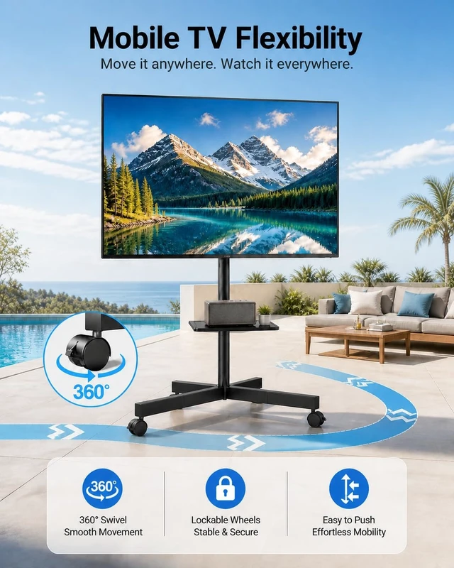 Alt view image 4 of 7 - Rolling TV Stand for 26-65 Inch TVs up to 88 lbs, Mobile Outdoor TV Stand with Shelf & Large Base, Tilt TV Stand with Wheels, Portable TV Cart for Bedroom, Max VESA 400x400mm, PSTVMC06B-B