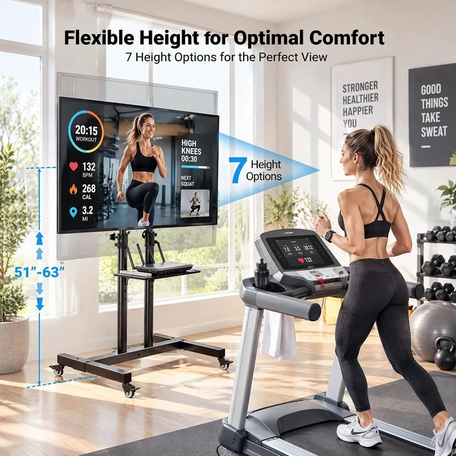Alt view image 3 of 7 - Rolling TV Stand on Wheels for 32-83 Inch Screens up to 110lbs, Mobile TV Cart Height Adjustable Portable Outdoor TV Stand Tilt Rolling TV Cart with Shelf Max VESA 600x400mm PSTVMC03