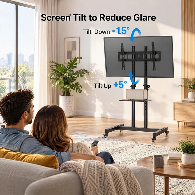 Alt view image 4 of 7 - Rolling TV Stand on Wheels for 32-83 Inch Screens up to 110lbs, Mobile TV Cart Height Adjustable Portable Outdoor TV Stand Tilt Rolling TV Cart with Shelf Max VESA 600x400mm PSTVMC03