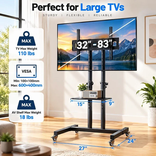 Alt view image 5 of 7 - Rolling TV Stand on Wheels for 32-83 Inch Screens up to 110lbs, Mobile TV Cart Height Adjustable Portable Outdoor TV Stand Tilt Rolling TV Cart with Shelf Max VESA 600x400mm PSTVMC03
