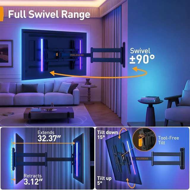 Alt view image 5 of 7 - Corner TV Wall Mount Long Arm with LED Backlight for 39-75" TVs