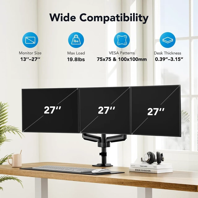 Alt view image 2 of 7 - Triple Monitor Mount for 13-27 inch Computer Screens, Gaming 3 Monitor Desk Mount with Arm Holds 19.8lbs, Triple Monitors Stand with Tilt, Swivel, Rotation, VESA 75x75, 100x100mm