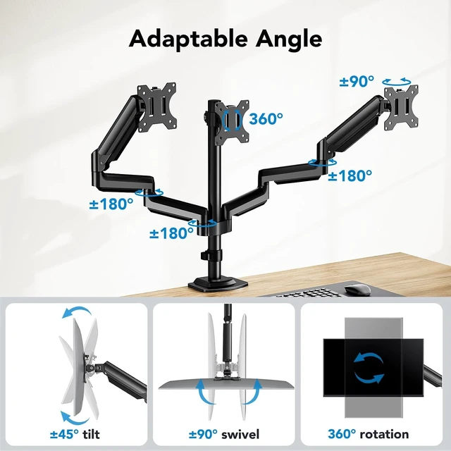 Alt view image 4 of 7 - Triple Monitor Mount for 13-27 inch Computer Screens, Gaming 3 Monitor Desk Mount with Arm Holds 19.8lbs, Triple Monitors Stand with Tilt, Swivel, Rotation, VESA 75x75, 100x100mm