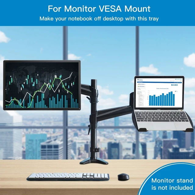 Alt view image 5 of 7 - Laptop Tray Steel Notebook Holder for Monitor VESA Mount Stand Fits VESA 100x100 mm Mounting Holes with M4 Screws, 22lbs Capacity with Vented Cooling Platform
