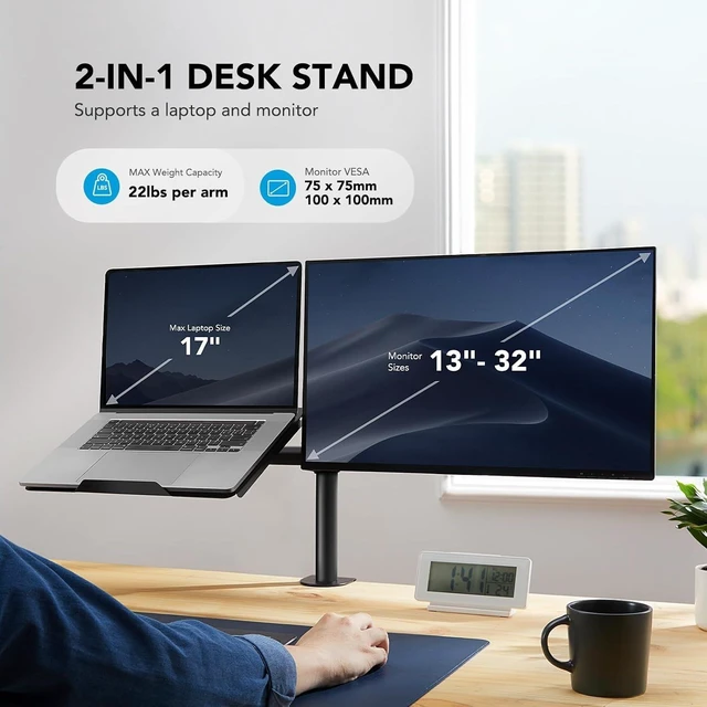 Alt view image 2 of 7 - Adjustable Monitor Arm with Laptop Tray, Single Desk Mount for 13-32" VESA Monitors up to 22 lbs, 14" x 12" Laptop Tray