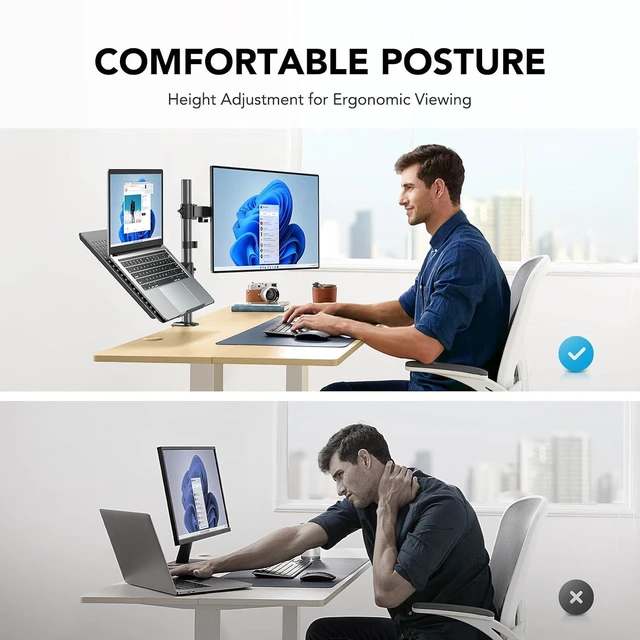 Alt view image 3 of 7 - Adjustable Monitor Arm with Laptop Tray, Single Desk Mount for 13-32" VESA Monitors up to 22 lbs, 14" x 12" Laptop Tray