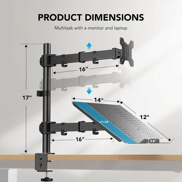 Alt view image 4 of 7 - Adjustable Monitor Arm with Laptop Tray, Single Desk Mount for 13-32" VESA Monitors up to 22 lbs, 14" x 12" Laptop Tray