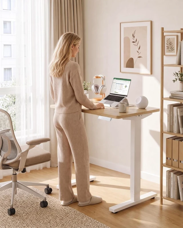 Alt view image 2 of 7 - 32x19 Inch Small Electric Standing Desk, Adjustable, Light Walnut