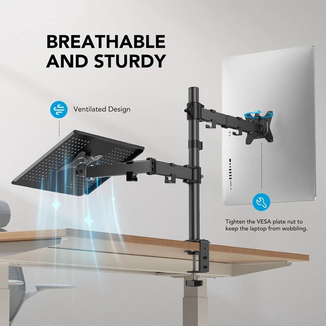 Alt view image 7 of 7 - Adjustable Monitor Arm with Laptop Tray, Single Desk Mount for 13-32" VESA Monitors up to 22 lbs, 14" x 12" Laptop Tray
