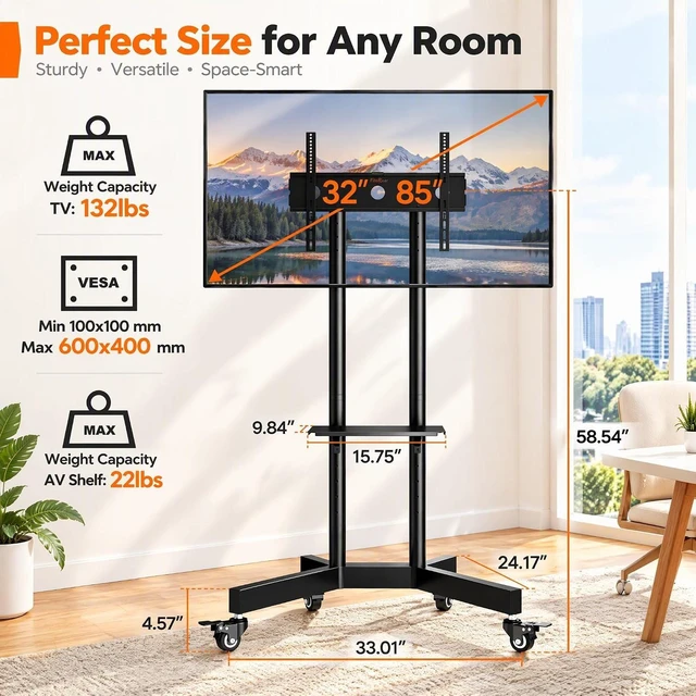 Alt view image 4 of 7 - Rolling TV Stand for 32-85 Inch Screens up to 154 lbs