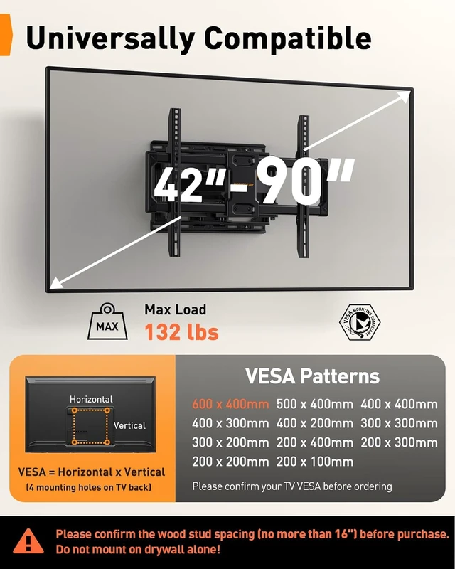 Alt view image 2 of 7 - UL Listed Full Motion TV Wall Mount for 42-90" TVs up to 132lbs