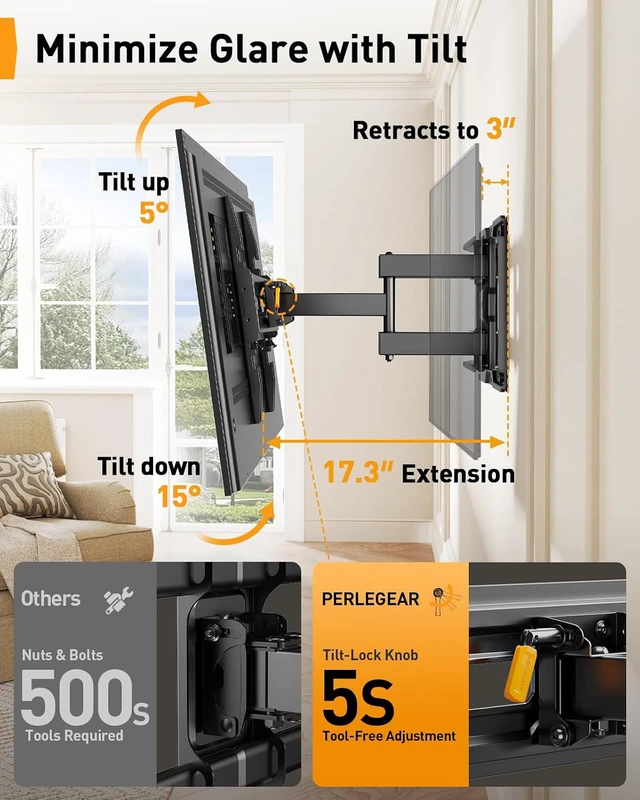 Alt view image 5 of 7 - Full Motion TV Wall Mount for 26-74 inch TVs, Height Adjustable TV Mount, Pre-Assembled Wall Mount TV Bracket with Tool-Free Tilt, Swivel, Fits 16 Studs, 99 lbs, Max VESA 400x400mm, PGMF21