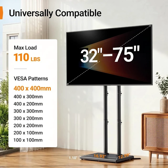 Alt view image 2 of 7 - Floor TV Stand for 3275" TVs up to 110 lbs, Height-Adjustable Tall TV Stand with Solid Wood Base & Extra-Stable Anti-Tip Feet, Swivel TV Mount for Bedroom, VESA 400x400, PGFLS34B