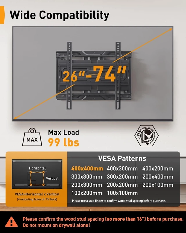 Alt view image 2 of 7 - Full Motion TV Wall Mount for 26-74 inch TVs, Height Adjustable TV Mount, Pre-Assembled Wall Mount TV Bracket with Tool-Free Tilt, Swivel, Fits 16 Studs, 99 lbs, Max VESA 400x400mm, PGMF21