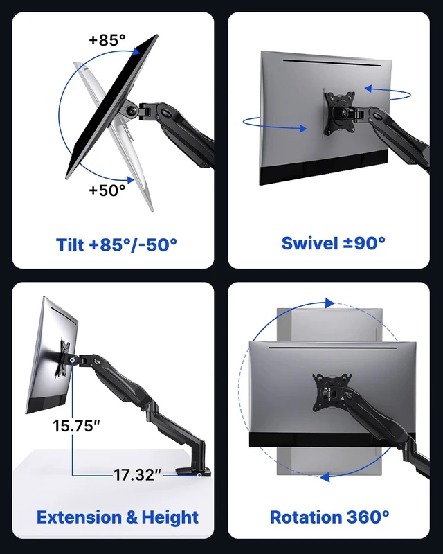 Alt view image 5 of 7 - FlowLift Single Monitor Mount, 13 to 32 Inch Monitor Arm, Adjustable Monitor Stand, Vesa Mount with Clamp and Grommet Base - Fits 4.4 to 19.8lbs LCD Computer Monitors