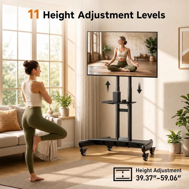 Alt view image 3 of 7 - Rolling TV Stand for 32-84 Inch TV, Mobile TV Cart up to 100lbs, Adjustable Height Outdoor TV Cart with Heavy-Duty Base, VESA 600x400mm, Portable TV Stand on Wheels for Livingroom PGTVMC05-1