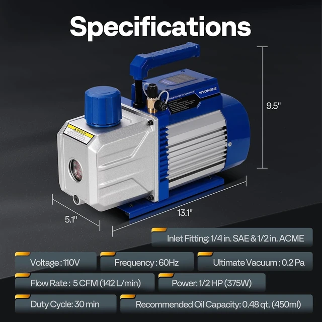 Alt view image 7 of 7 - A2L 1/2 HP 5CFM Dual Stage AC Vacuum Pump and Manifold Gauge Set
