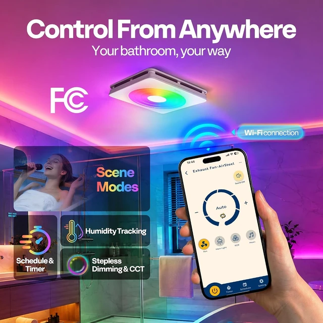 Alt view image 4 of 7 - Bathroom Exhaust Fan with Humidity Sensor, RGB Lights & Speaker