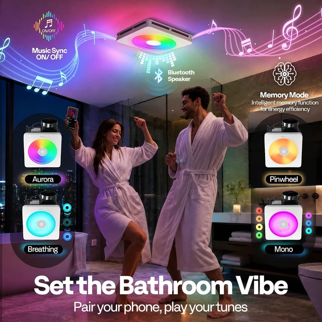 Alt view image 5 of 7 - Bathroom Exhaust Fan with Humidity Sensor, RGB Lights & Speaker