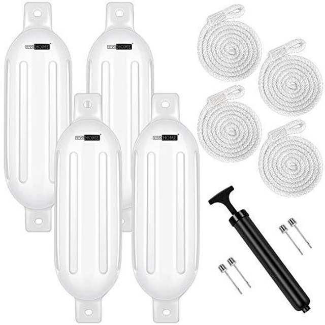 Main image of Vinyl Ribbed Boat Fenders 4 Pack, Boat Bumpers with Ropes, Needles, and Pump to Inflate Fit for Yachts, Sailing Dinghies, Bass Boats, Black