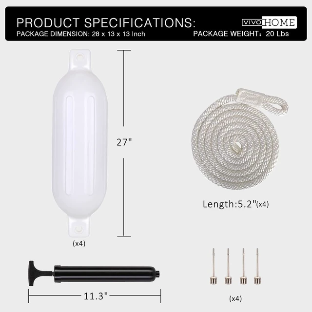 Alt view image 6 of 6 - Vinyl Ribbed Boat Fenders 4 Pack, Boat Bumpers with Ropes, Needles, and Pump to Inflate Fit for Yachts, Sailing Dinghies, Bass Boats, Black