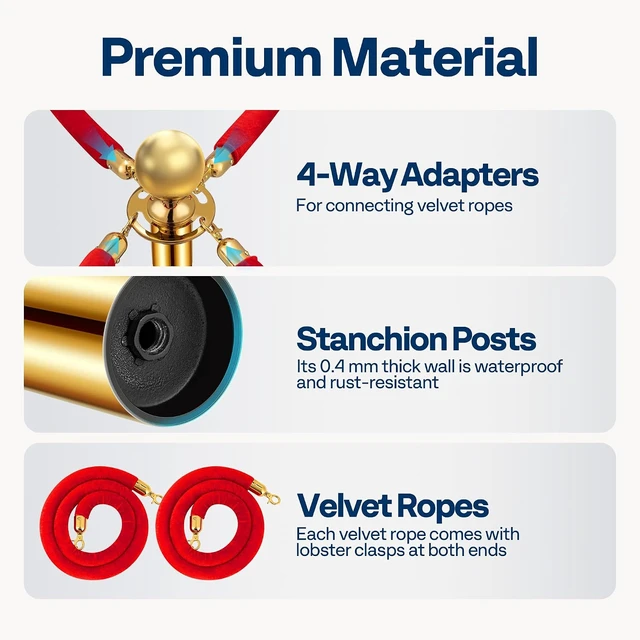 Alt view image 6 of 7 - Gold Stanchions and Velvet Ropes, 5 Feet Ropes and 39 Inch Posts