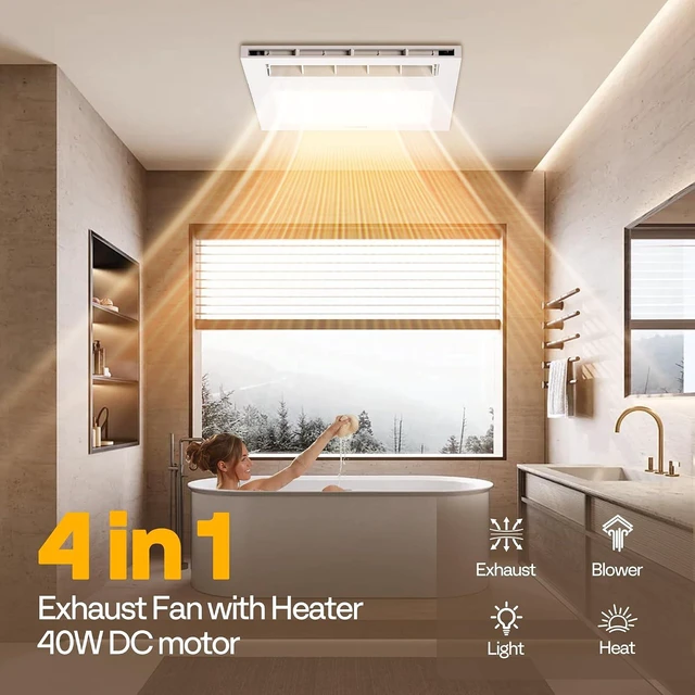 Alt view image 2 of 7 - 4-in-1 Bathroom Exhaust Fan with Light and Heater, 1800W PTC