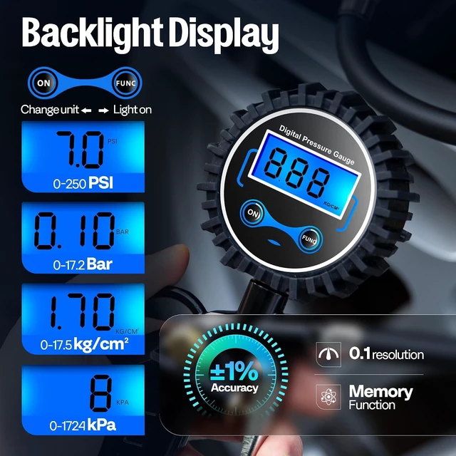 Alt view image 3 of 7 - 2 Pack Digital Tire Pressure Gauge with Inflator, Night Available