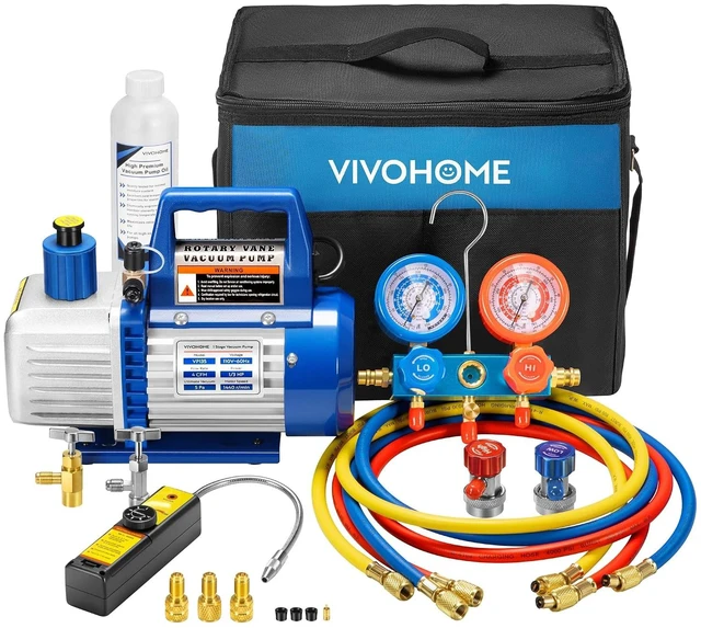 Main image of 110V 1/3 HP 4CFM Single Stage Rotary Vane Air Vacuum Pump and R134a AC Manifold Gauge Set Kit with Leak Detector Carry Bag for HVAC Air Conditioning Refrigeration Recharging ETL Listed