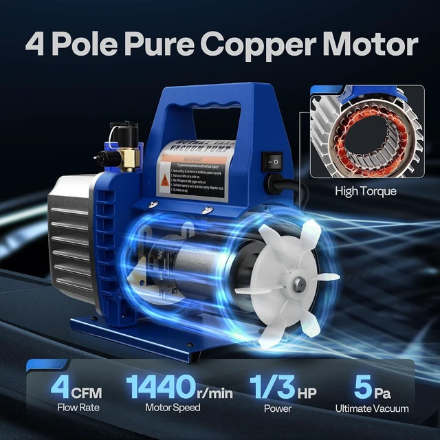 Alt view image 2 of 7 - 110V 1/3 HP 4CFM Single Stage Rotary Vane Air Vacuum Pump and R134a AC Manifold Gauge Set Kit with Leak Detector Carry Bag for HVAC Air Conditioning Refrigeration Recharging ETL Listed