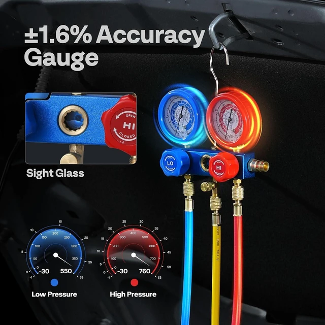 Alt view image 6 of 7 - 110V 1/3 HP 4CFM Single Stage Rotary Vane Air Vacuum Pump and R134a AC Manifold Gauge Set Kit with Leak Detector Carry Bag for HVAC Air Conditioning Refrigeration Recharging ETL Listed