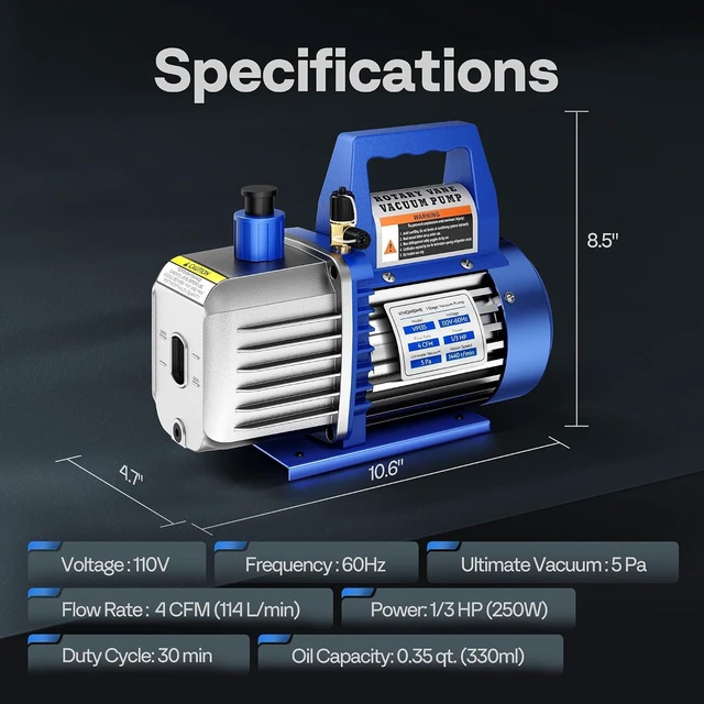 Alt view image 7 of 7 - 110V 1/3 HP 4CFM Single Stage Rotary Vane Air Vacuum Pump and R134a AC Manifold Gauge Set Kit with Leak Detector Carry Bag for HVAC Air Conditioning Refrigeration Recharging ETL Listed