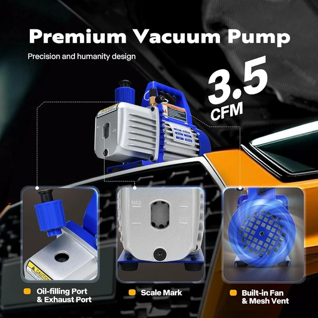 Alt view image 2 of 7 - 110V 1/4 HP 3.5CFM Single Stage Rotary Vane Air Vacuum Pump and AC Manifold Gauge Set Kit with Thermometer for R134a R12 R22 R502 R410a HVAC Air Conditioning Refrigeration Recharging