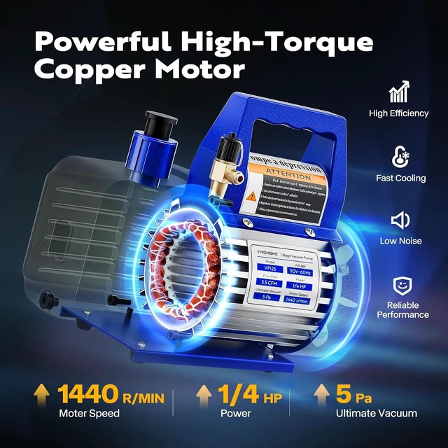 Alt view image 3 of 7 - 110V 1/4 HP 3.5CFM Single Stage Rotary Vane Air Vacuum Pump and AC Manifold Gauge Set Kit with Thermometer for R134a R12 R22 R502 R410a HVAC Air Conditioning Refrigeration Recharging