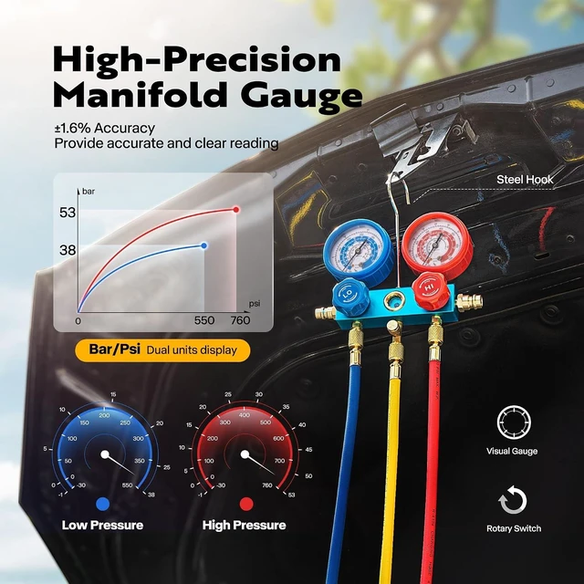 Alt view image 4 of 7 - 110V 1/4 HP 3.5CFM Single Stage Rotary Vane Air Vacuum Pump and AC Manifold Gauge Set Kit with Thermometer for R134a R12 R22 R502 R410a HVAC Air Conditioning Refrigeration Recharging