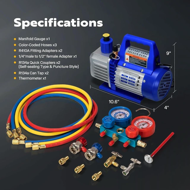 Alt view image 6 of 7 - 110V 1/4 HP 3.5CFM Single Stage Rotary Vane Air Vacuum Pump and AC Manifold Gauge Set Kit with Thermometer for R134a R12 R22 R502 R410a HVAC Air Conditioning Refrigeration Recharging