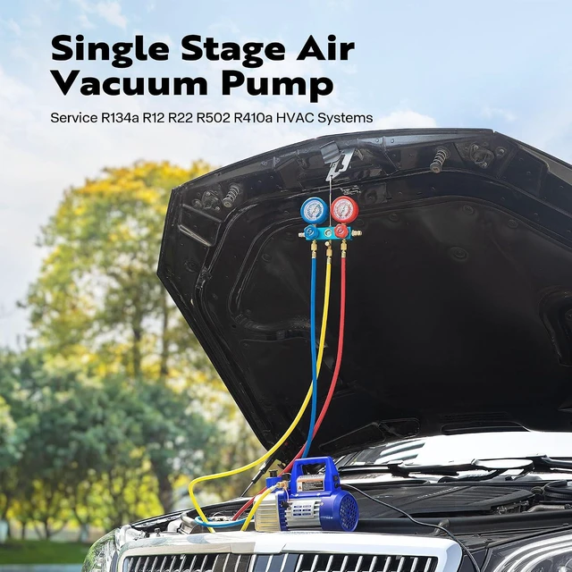 Alt view image 7 of 7 - 110V 1/4 HP 3.5CFM Single Stage Rotary Vane Air Vacuum Pump and AC Manifold Gauge Set Kit with Thermometer for R134a R12 R22 R502 R410a HVAC Air Conditioning Refrigeration Recharging