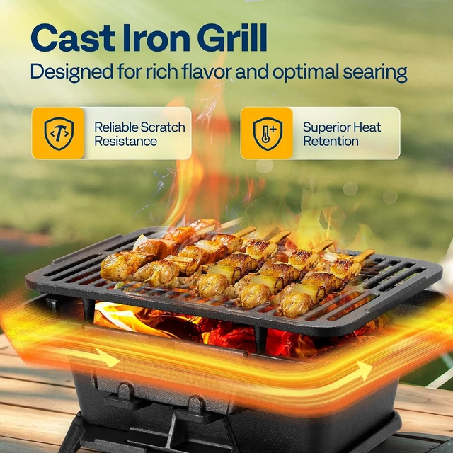 Alt view image 3 of 7 - Rectangle Cast Iron Charcoal Grill with Double-Sided Grate
