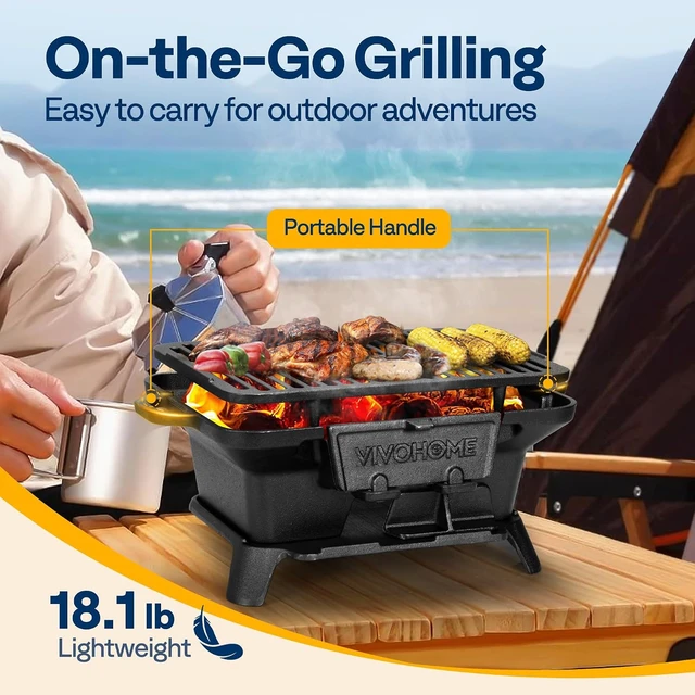 Alt view image 5 of 7 - Rectangle Cast Iron Charcoal Grill with Double-Sided Grate