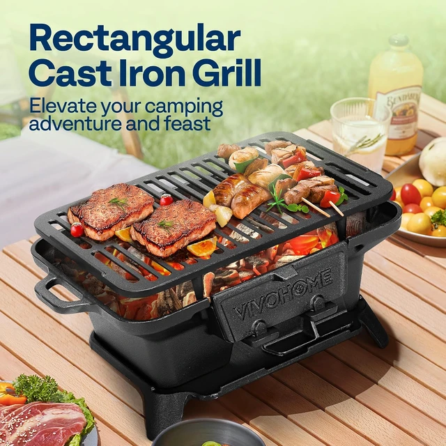 Alt view image 2 of 7 - Rectangle Cast Iron Charcoal Grill with Double-Sided Grate