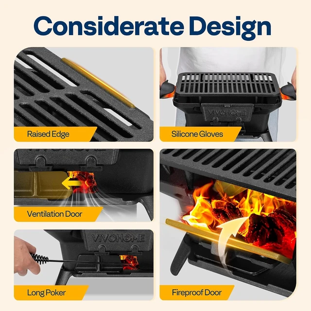 Alt view image 6 of 7 - Rectangle Cast Iron Charcoal Grill with Double-Sided Grate