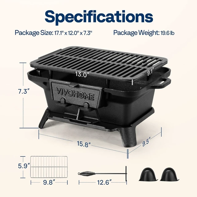 Alt view image 7 of 7 - Rectangle Cast Iron Charcoal Grill with Double-Sided Grate