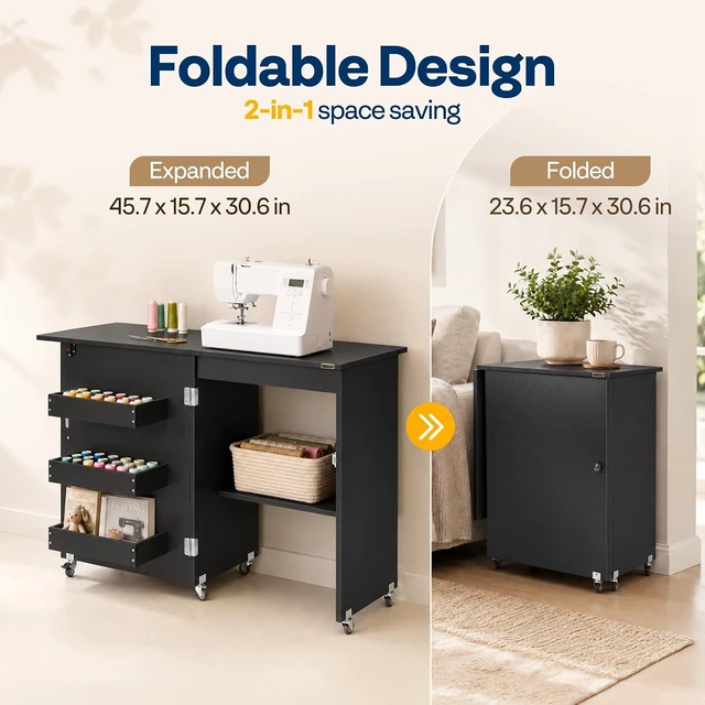 Alt view image 2 of 7 - Folding Sewing Table for Sewing Machine, Sewing Desk with Storage