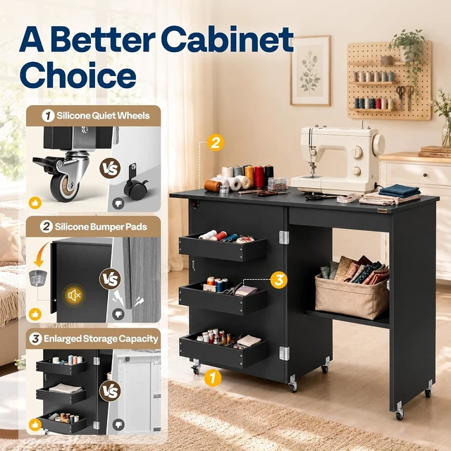 Alt view image 3 of 7 - Folding Sewing Table for Sewing Machine, Sewing Desk with Storage