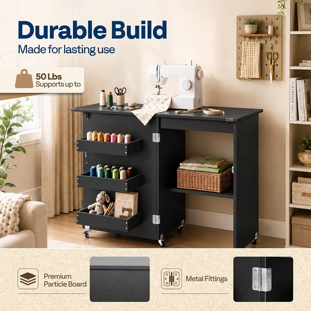 Alt view image 4 of 7 - Folding Sewing Table for Sewing Machine, Sewing Desk with Storage