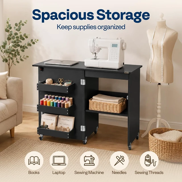 Alt view image 7 of 7 - Folding Sewing Table for Sewing Machine, Sewing Desk with Storage